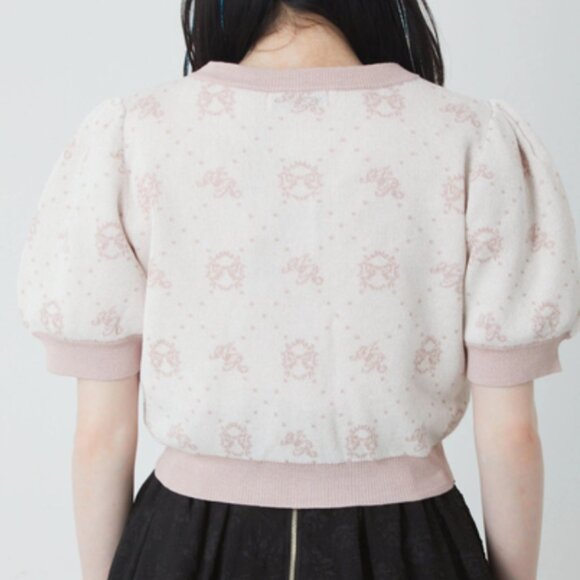 Ank Rouge Pink and White Contrast Monogram Puff Short Sleeved Knit Cardigan - Picture 3 of 6